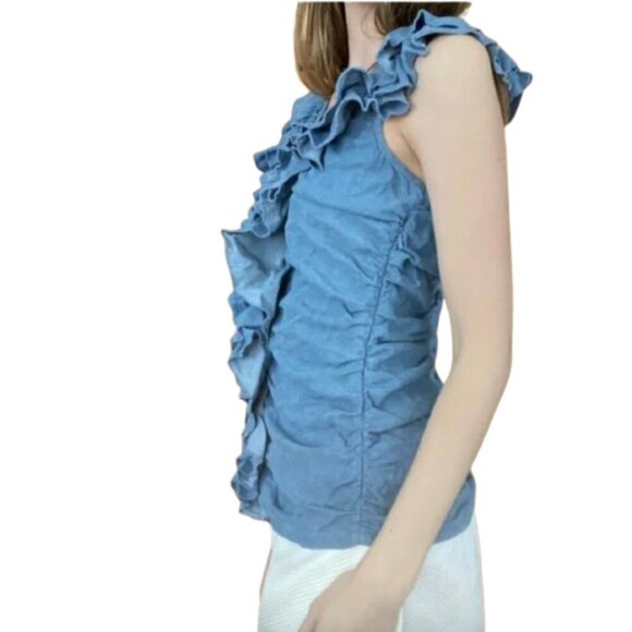Women's 8 Boston Proper Chambray Ruffle Sleeveless Blouse - Picture 2 of 9